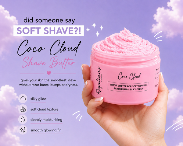 Coco Cloud Shave Butter jar held by a hand with promotional text on a purple background